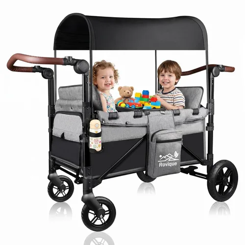 Miniatura 9 de Cochecito para 2 niños, cochecito todo terreno con extensor extralargo, vagón plegable de aluminio con asientos convertibles, toldo extraíble