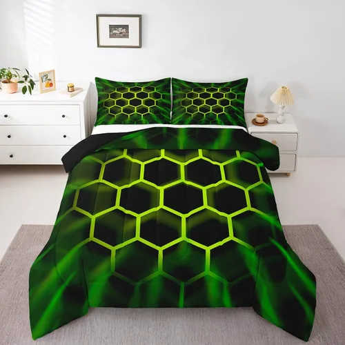 Miniatura 19 de Juego de ropa de cama individual de panal para niños y niños, color negro, verde azulado, azul, hexagonal, geométrico, patrón de colmena, edredón