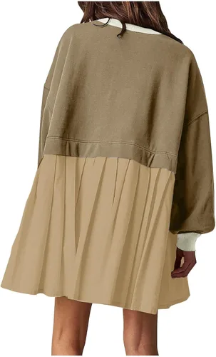 Miniatura 5 de Womens Fall Dresses Oversized Crew Neck Sweatshirt Dress Long Sleeve Drop Shoulder Pullover Pleated Mini Dress Tops