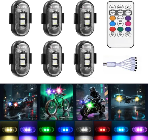 Paquete de 6 luces LED inalámbricas estroboscópicas remotas | 8 colores, anticolisión y resistente al agua | Flash de emergencia para automóvil,