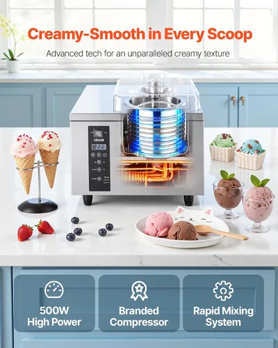 Miniatura 4 de VEVOR Máquina comercial de helado duro, 500 W, 1.32 galones/hora, heladera de gelato duro con cilindro de acero inoxidable 304 de 2.8 L, panel LED