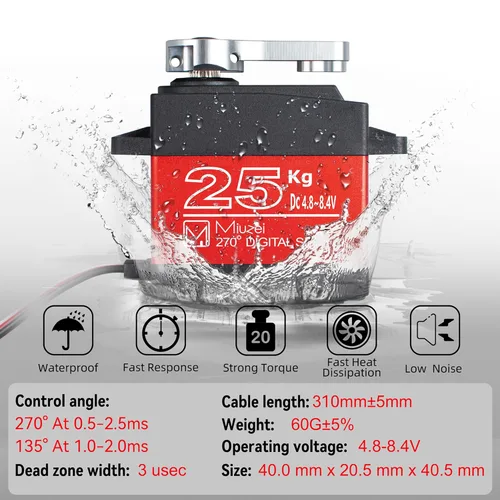 Miniatura 7 de Servo RC de 25KG de alto par, Miuzei Servo Motor impermeable compatible con coche RC 1/8, 1/10, dirección de engranaje metálico completo con asta