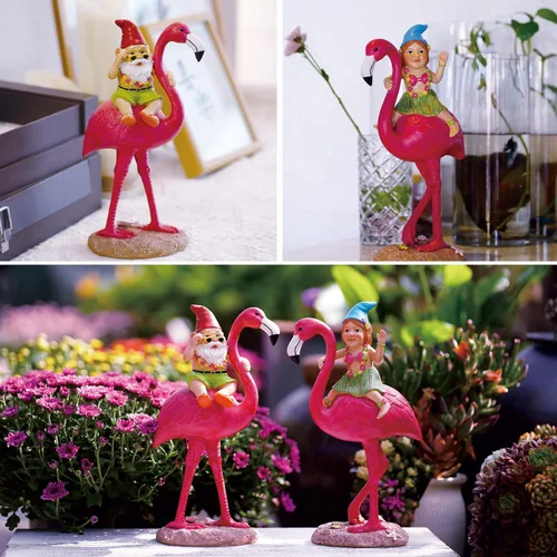 Miniatura 3 de Goodeco Paquete de 2 estatuas de flamenco de gnomos de 11 pulgadas, adorables regalos de flamenco rosa hawaiano, regalos de cumpleaños y mamá