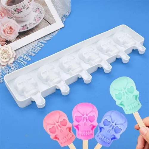 1 paquete de moldes para paletas de calabaza de Halloween lindos en forma de calavera, moldes para paletas de hielo de silicona, 6 cavidades, moldes