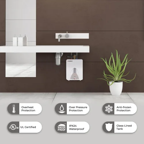 Miniatura 5 de CAMPLUX - Calentador de agua eléctrico de 2.5 galones (ME25), elimina el tiempo de agua caliente, montaje en estante, pared o piso, listado UL