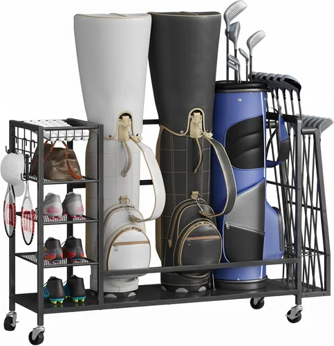 Miniatura 7 de HOOBRO Golf Bag Storage Garage Organizer, Golf Bag Storage Stand Fits 3 Golf Bags and Golf Equipment Rack with Wheels, Extra Storage Rack for