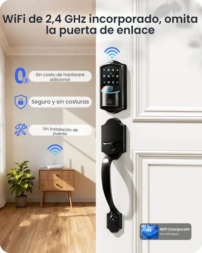 Miniatura 2 de Veise VE027-H - Cerradura inteligente de huella digital Wi-Fi integrada con manija, control remoto de aplicación y control de voz, juego de Negro