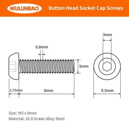 Miniatura 2 de Tornillos de cabeza de botón M5-0.031 x 0.315 in Tornillos de acero de aleación de grado 10.9 métricos, acabado de óxido negro, totalmente roscado