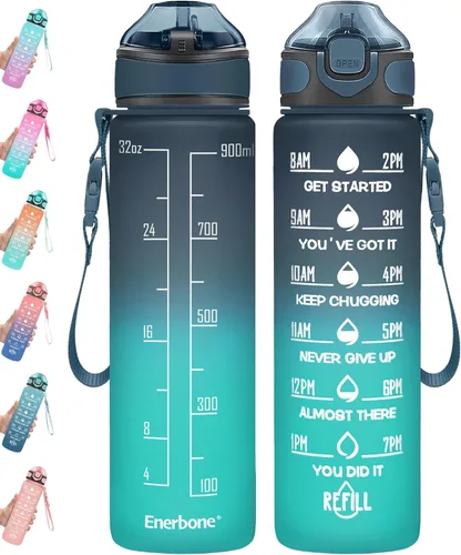 Miniatura 29 de Enerbone Botella de agua potable de 32 oz con tiempos para beber y popote, motivacional con correa para llevar, a prueba de fugas, sin BPA ni