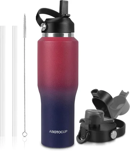 Miniatura 22 de ABOTOCUP Botella de agua de 40 onzas, botella de agua aislada con asa y tapas con popote, botella de agua de acero inoxidable que cabe en cualquier