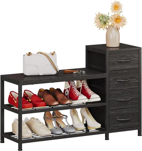 Miniatura 4 de EXOTICA Banco de entrada de 3 niveles con almacenamiento para zapatos, banco con 4 cajones de tela, marco metálico y tablero de madera, zapatero