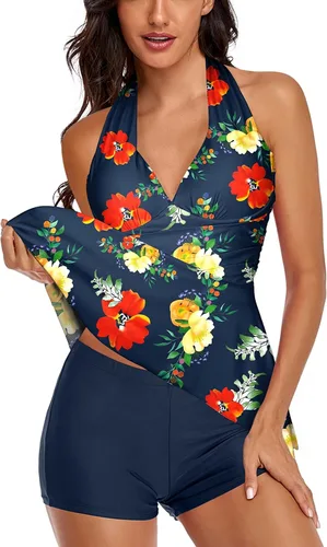Miniatura 3 de Omichic Traje de baño tankini halter de dos piezas para mujer, con control de abdomen, cuello en V, con pantalones cortos