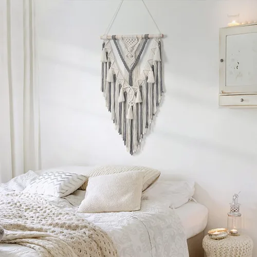 Miniatura 6 de Dremisland - Tapiz tejido de macramé para colgar en la pared, estilo bohemio geométrico, en beige y gris, de algodón hecho a mano, decoración