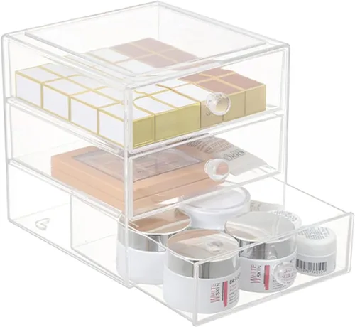 AJIODA Caja organizadora de cajones de maquillaje con 3 cajones, vitrina de acrílico para cosméticos, organizador de tocador, caja de almacenamiento