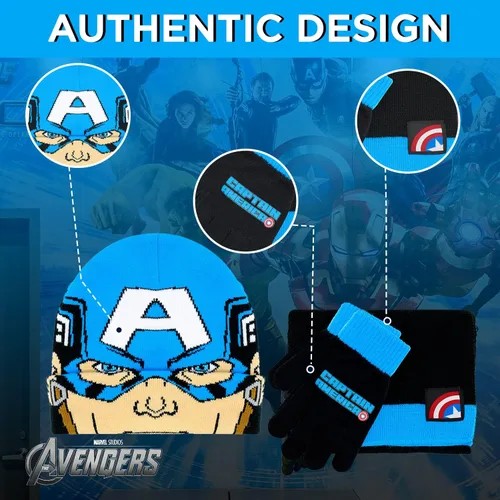 Miniatura 6 de Marvel Avengers - Juego de 3 pañuelos y guantes de nieve para niños, suave y cálido gorro con pompones, bonito uso al aire libre para niños y niños