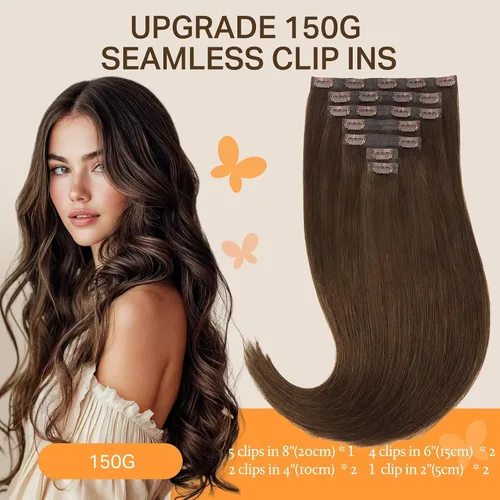 Miniatura 2 de DOORES - Extensiones de cabello humano, remy, lacio, grueso con clip, trama uniforme y borde invisible, sin costuras, color marrón chocolate, 7