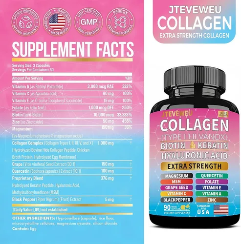 Miniatura 2 de Suplemento de colágeno - Tipos I, II, III, V y X, MCG Biotina, queratina, ácido hialurónico, zinc, extracto de semilla de uva, quercetina, vitamina
