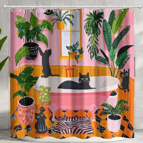 Miniatura 13 de Divertida cortina de ducha con diseño de gatos negros, estilo bohemio, bonita, divertida, para baño, gatito, verde, hojas tropicales, beige, marrón