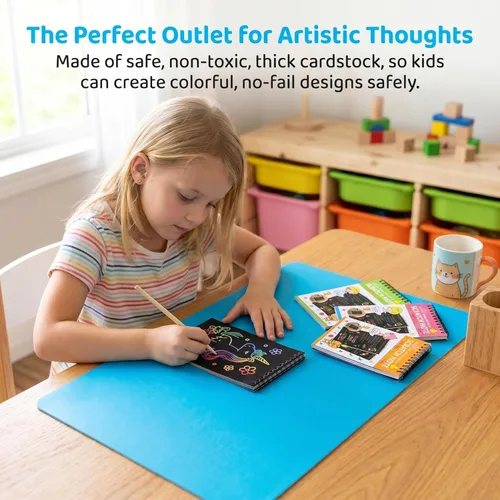 Miniatura 4 de Suwimut Paquete de 24 cuadernos de papel para rascar para niños, cuadernos para colorear negros con 24 lápices ópticos de madera y 4 plantillas