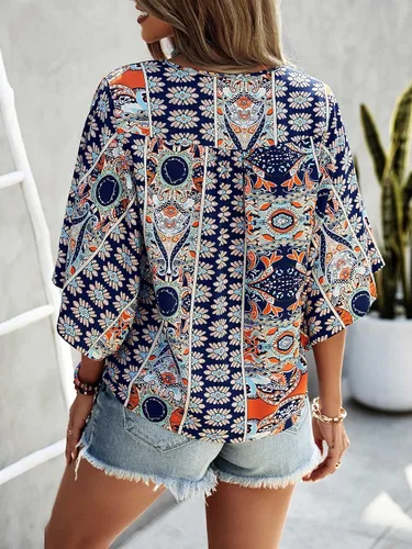 Miniatura 2 de SOLY HUX Women's Boho Print V Neck 34 Bell Sleeve Button Front Summer Blouse Top