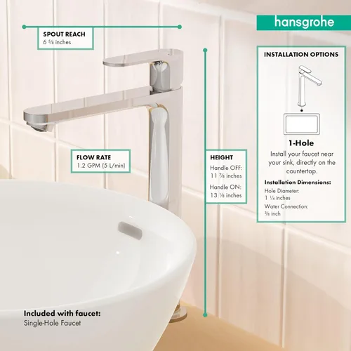 Miniatura 3 de hansgrohe Rebris S 72524001 - Grifo de baño de 1 agujero, fregadero de una sola manija, grifo de lavabo de baño para tocador de 1.2 GPM, cromado