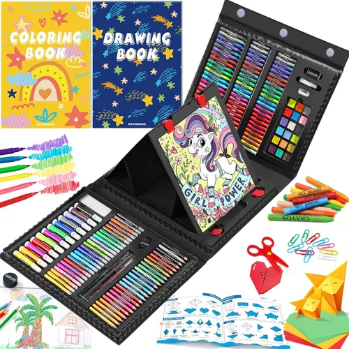 Todo en un Suministros de Arte, Kit de Arte Incluye Caballete, Papel para Origami, Lápices de Colores, Crayones, Libro de Dibujo, Libro para Negro