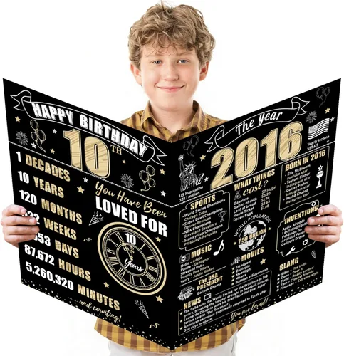 Turypaty Tarjeta grande de cumpleaños número 10 con sobre para niños y niñas, 2016 negro dorado feliz 10º cumpleaños gigante de la firma del libro