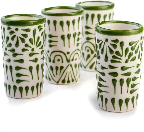 Miniatura 16 de Juego de 4 vasos de chupito Talavera auténticos mexicanos para tequila - Pintados a mano - 2 Oz (Flores naranjas)