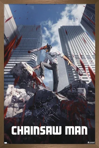 Miniatura 17 de Chainsaw Man - Póster de pared de arte clave, 22.4 pulgadas de largo x 14.7 pulgadas de ancho, versión enmarcada de madera de granero