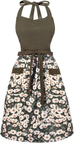 Miniatura 8 de Bonitos delantales florales para mujer con bolsillos, delantal de algodón ajustable con correa para el cuello para cocina, cocina, hornear