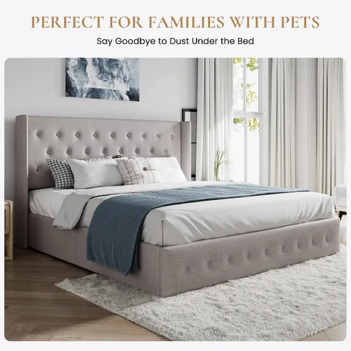 Miniatura 7 de SHA CERLIN Base de cama tamaño queen con almacenamiento elevado, cabecero abatible con botón, plataforma tapizada, almacenamiento hidráulico, Beige