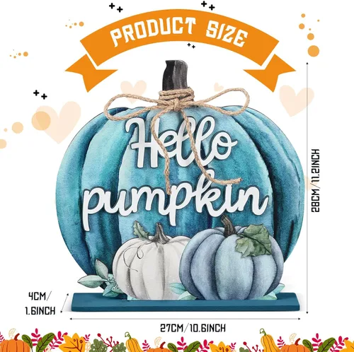Miniatura 2 de Soaoo Decoración de Acción de Gracias, letrero de madera de otoño con texto en inglés "Hello Pumpkin", decoración de mesa de calabaza de otoño de 11