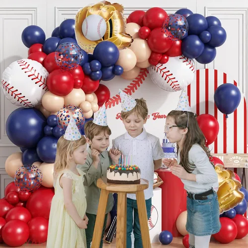 Miniatura 4 de Kit de Guirnalda de Arco de Globos de Béisbol, 166 Piezas Globos Azul Marino Rojo Nude y Confeti con Globos de Papel de Aluminio de Béisbol