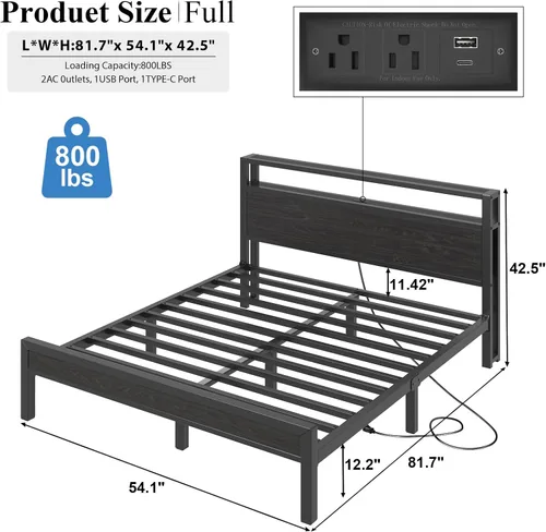 Miniatura 2 de Marco de cama tamaño completo con cabecera de almacenamiento, cama plataforma industrial con estación de carga y luces LED, listones de metal Negro