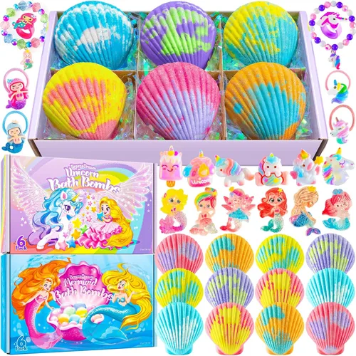 Bombas de baño Shell para niñas, paquete de 12 bombas de baño de aromaterapia seguras para niños con 20 juguetes sorpresa en el interior, 6 aromas