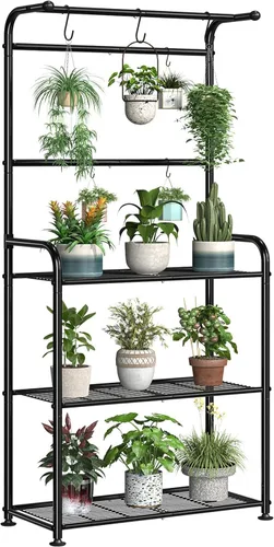 Ekisemio Soportes para plantas al aire libre con ganchos, estantes altos de metal para plantas de interior para macetas colgantes, color negro