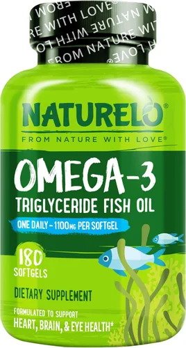 NATURELO Suplemento de aceite de pescado omega 3 sin eructos, 1100 mg de triglicéridos omega-3, EPA + DHA, para corazón, ojos, cerebro, salud de las