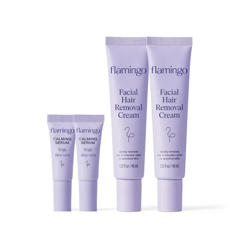 Flamingo Crema depilatoria facial para mujer con suero calmante - (paquete de 2) 1.35 onzas líquidas - Elimina el vello de la barbilla, el labio
