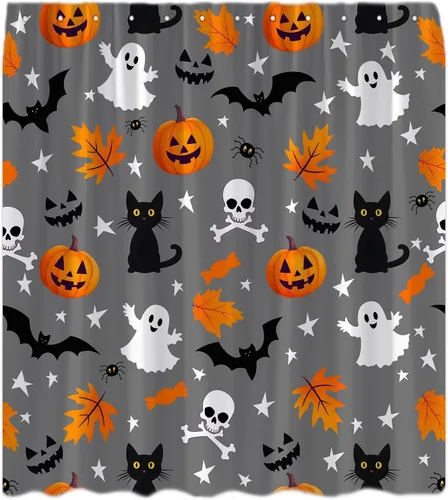 Cortina de ducha espeluznante de Halloween, color gris, lindo fantasma, horror, calabaza, calavera, gato, murciélago, araña, caricatura, aterrador,