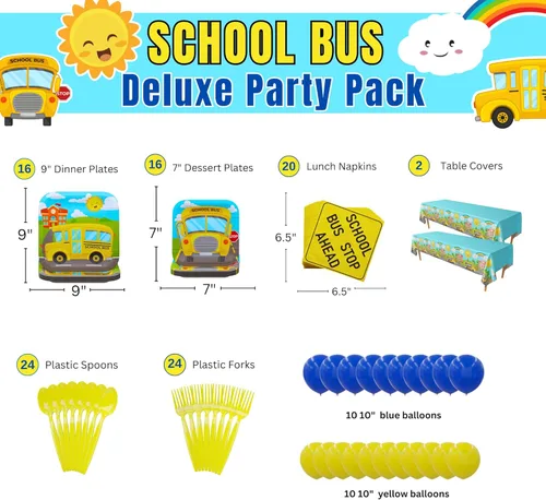Miniatura 2 de Paquetes de fiesta de lujo para autobús escolar (127 piezas para 16 invitados), suministros de fiesta de autobús escolar, platos y servilletas