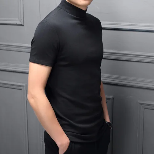 Miniatura 2 de Percle Camiseta básica de manga corta para hombre, cuello alto, casual, ajustada, color sólido