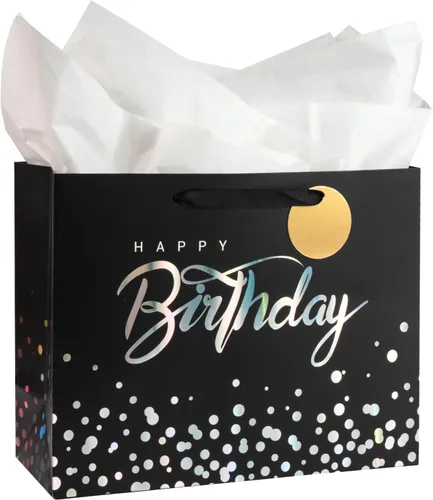 Loveinside Bolsa de regalo de cumpleaños negra con papel de seda para cumpleaños, baby shower, fiesta y más, 13 x 5 x 10 pulgadas, 1 unidad
