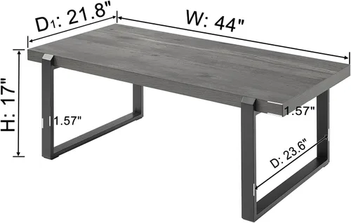 Miniatura 2 de EXCEFUR Mesa de café moderna, mesa central de madera rústica y metal, mesa de té rectangular de cóctel para sala de estar, gris, 44 pulgadas