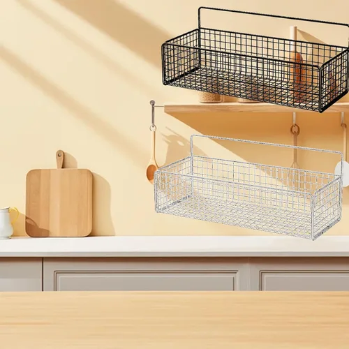 Miniatura 5 de Cestas colgantes de alambre de cocina, organizador de frutas negro para montaje en pared, sin perforaciones, soporte de metal pequeño para gabinete