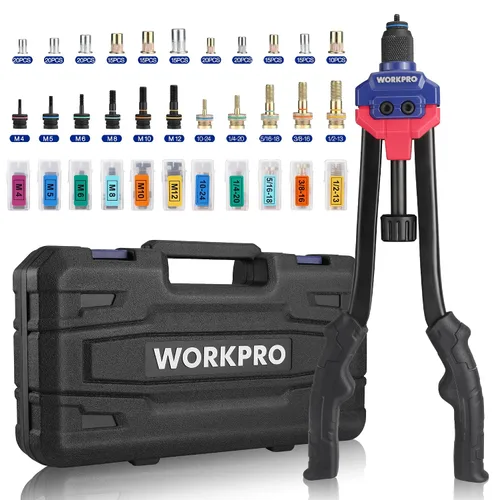 WORKPRO Nutsert - Herramienta de tuerca remachadora de 16 pulgadas, kit de herramientas de remache con 11 mandriles métricos y SAE, kit surtido de
