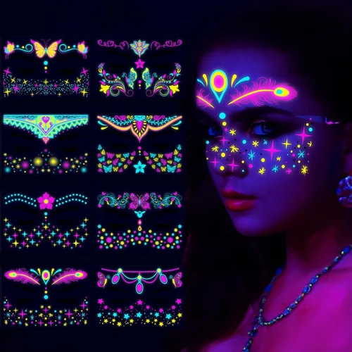 Miniatura 7 de Tatuajes temporales que brillan en la oscuridad, tatuajes temporales falsos para la cara, maquillaje UV, neón, mariposa, floral, tatuajes