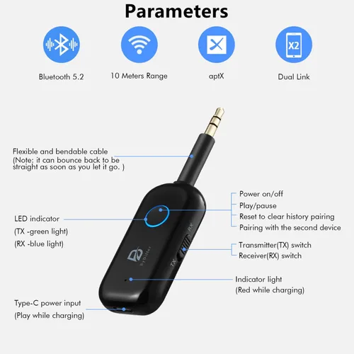Miniatura 2 de Receptor transmisor de audio Bluetooth 5.2 para TV, 2 conexiones de dispositivos BT Bluetooth Transmitter for Headphones, 3.5mm Jack Aux Airplane