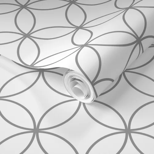 Miniatura 2 de Spoonflower Muestra de papel tapiz extraíble - Círculo moderno de cabaña gris blanco redondo enrejado de mediados de siglo Mod Papel pintado