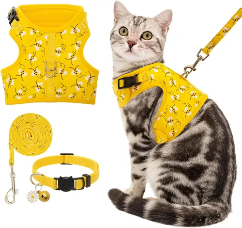 Miniatura 11 de BINGPET Arnés para gatos con correa y collar para caminar, a prueba de escapes, con correa de 59 pulgadas, arnés de chaleco suave ajustable