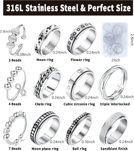 Miniatura 5 de Anillos giratorios MUCAL para ansiedad 8 piezas de anillo giratorio de acero inoxidable anillo anti ansiedad anillo giratorio con luna y estrella